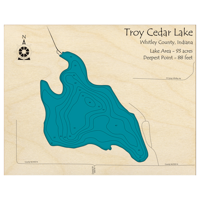 Bathymetric topo map of Troy Cedar Lake, IN with roads, towns and depths noted in blue water.