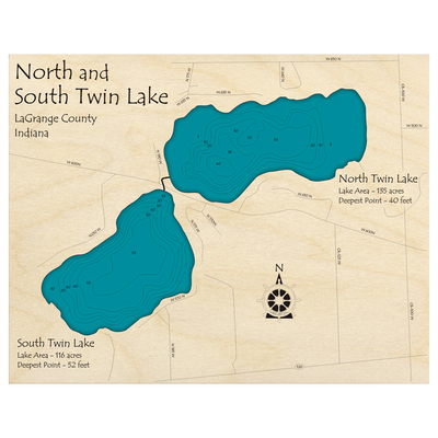 Bathymetric topo map of Twin Lakes, IN with roads, towns and depths noted in blue water.