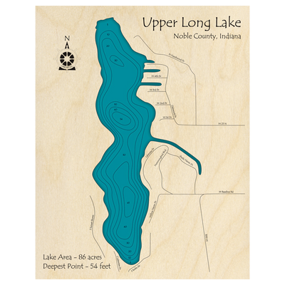 Bathymetric topo map of Upper Long Lake, IN with roads, towns and depths noted in blue water.