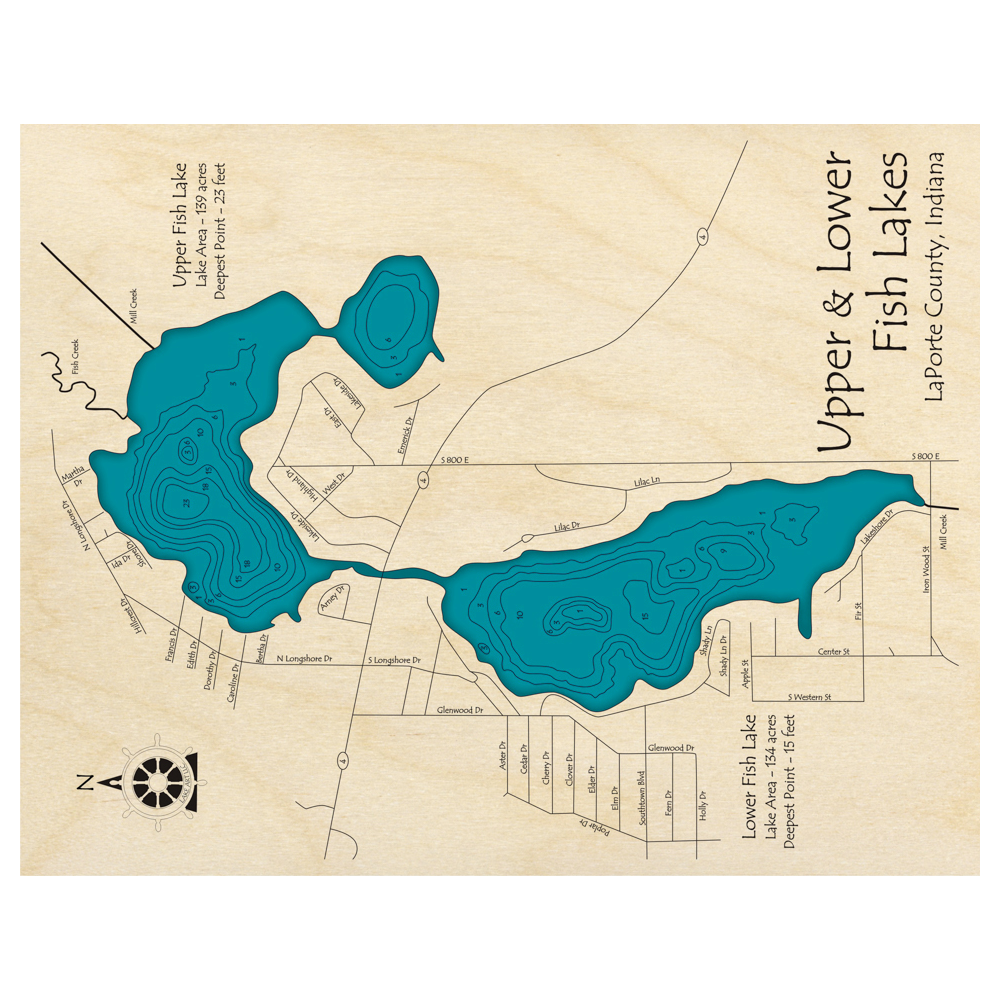 Bathymetric topo map of Upper and Lower Fish Lakes, IN with roads, towns and depths noted in blue water.