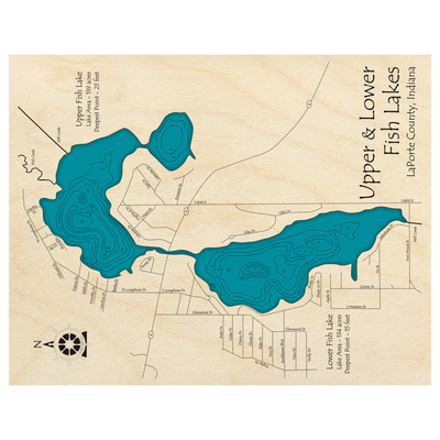 Bathymetric topo map of Upper and Lower Fish Lakes, IN with roads, towns and depths noted in blue water.