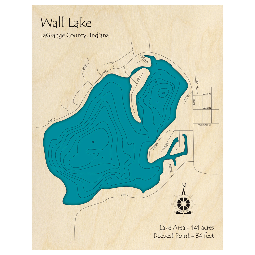 Bathymetric topo map of Wall Lake, IN with roads, towns and depths noted in blue water.
