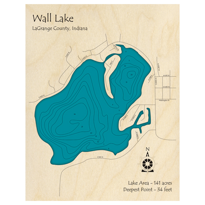 Bathymetric topo map of Wall Lake, IN with roads, towns and depths noted in blue water.