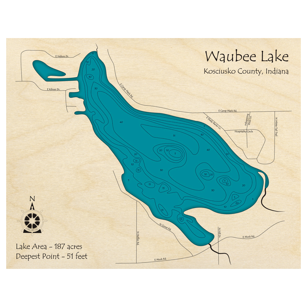Bathymetric topo map of Waubee Lake, IN with roads, towns and depths noted in blue water.