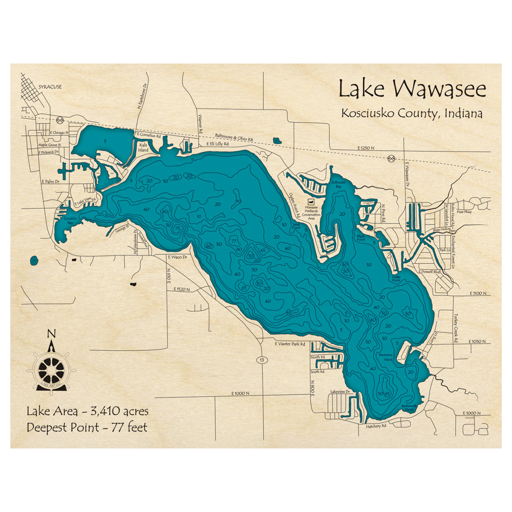 Bathymetric topo map of Lake Wawasee, IN with roads, towns and depths noted in blue water.