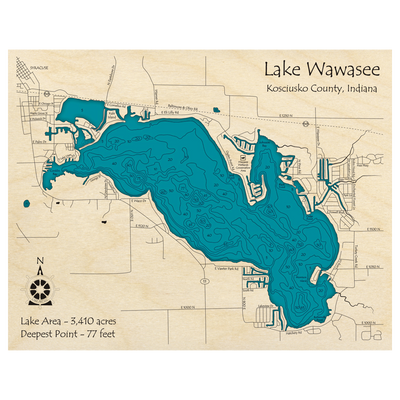 Bathymetric topo map of Lake Wawasee, IN with roads, towns and depths noted in blue water.