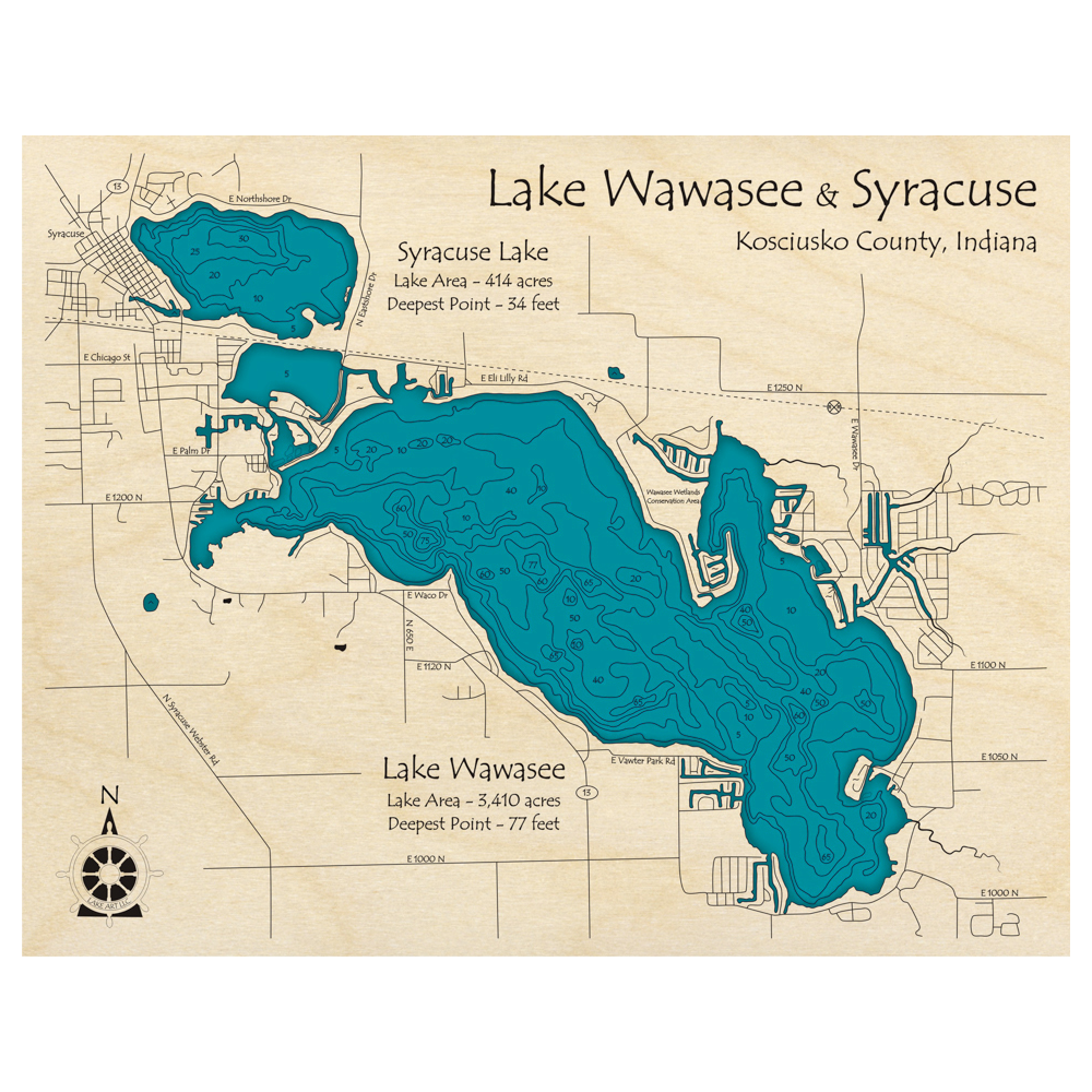 Bathymetric topo map of Lake Wawasee, IN with roads, towns and depths noted in blue water.