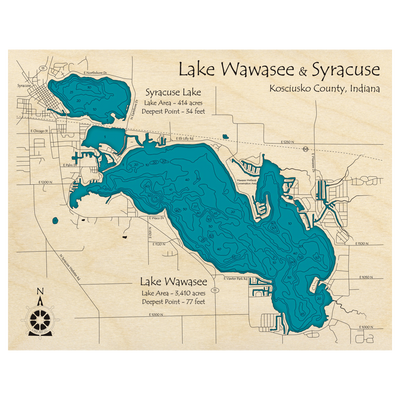 Bathymetric topo map of Lake Wawasee, IN with roads, towns and depths noted in blue water.