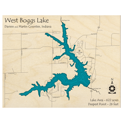 Bathymetric topo map of West Boggs Lake, IN with roads, towns and depths noted in blue water.