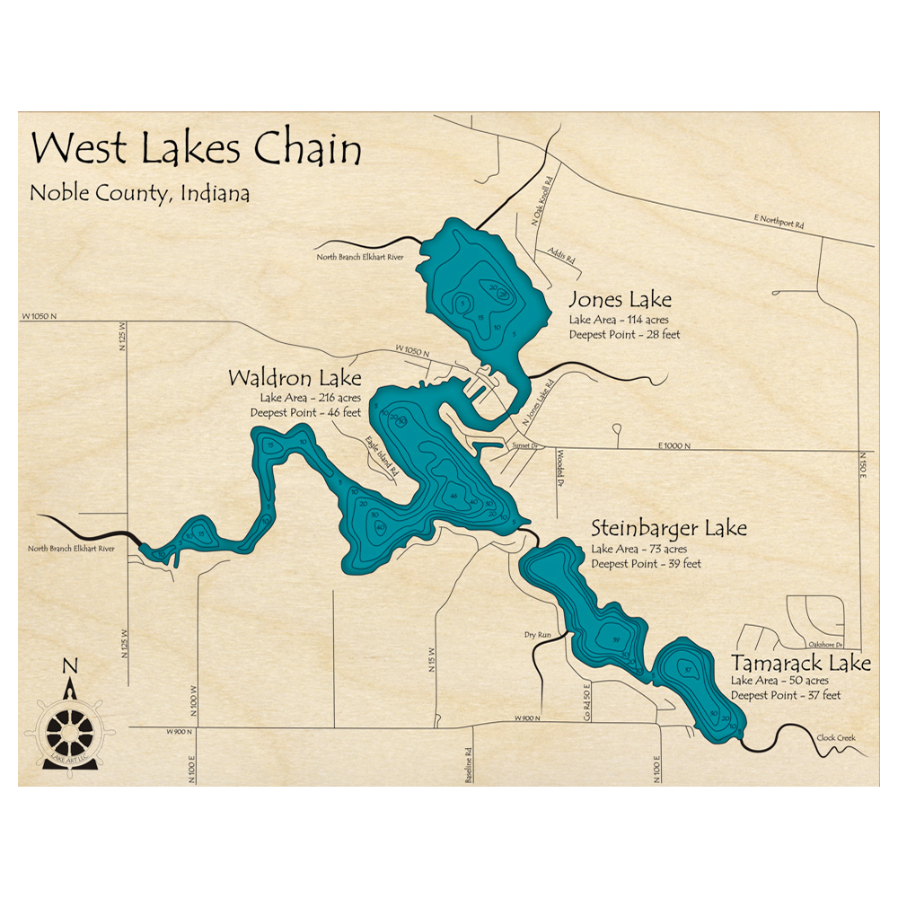 Bathymetric topo map of West Lakes Chain, IN with roads, towns and depths noted in blue water.