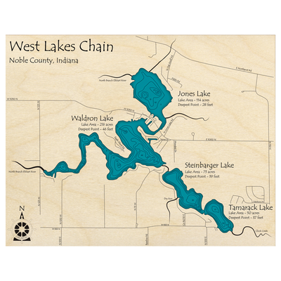 Bathymetric topo map of West Lakes Chain, IN with roads, towns and depths noted in blue water.