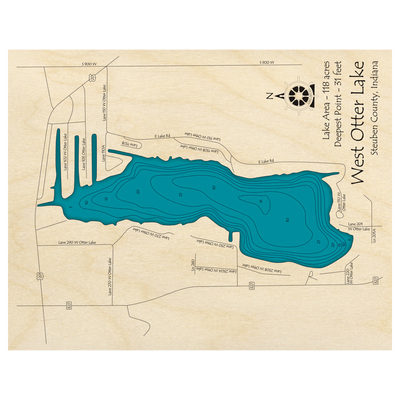 Bathymetric topo map of West Otter Lake, IN with roads, towns and depths noted in blue water.