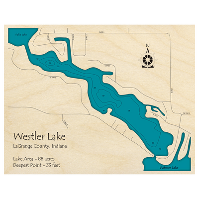 Bathymetric topo map of Westler Lake, IN with roads, towns and depths noted in blue water.