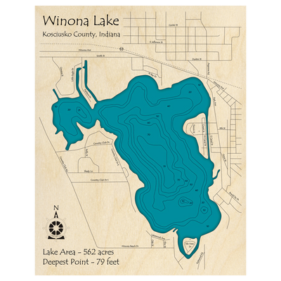 Bathymetric topo map of Winona Lake, IN with roads, towns and depths noted in blue water.