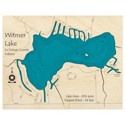Bathymetric topo map of Witmer Lake, IN with roads, towns and depths noted in blue water.