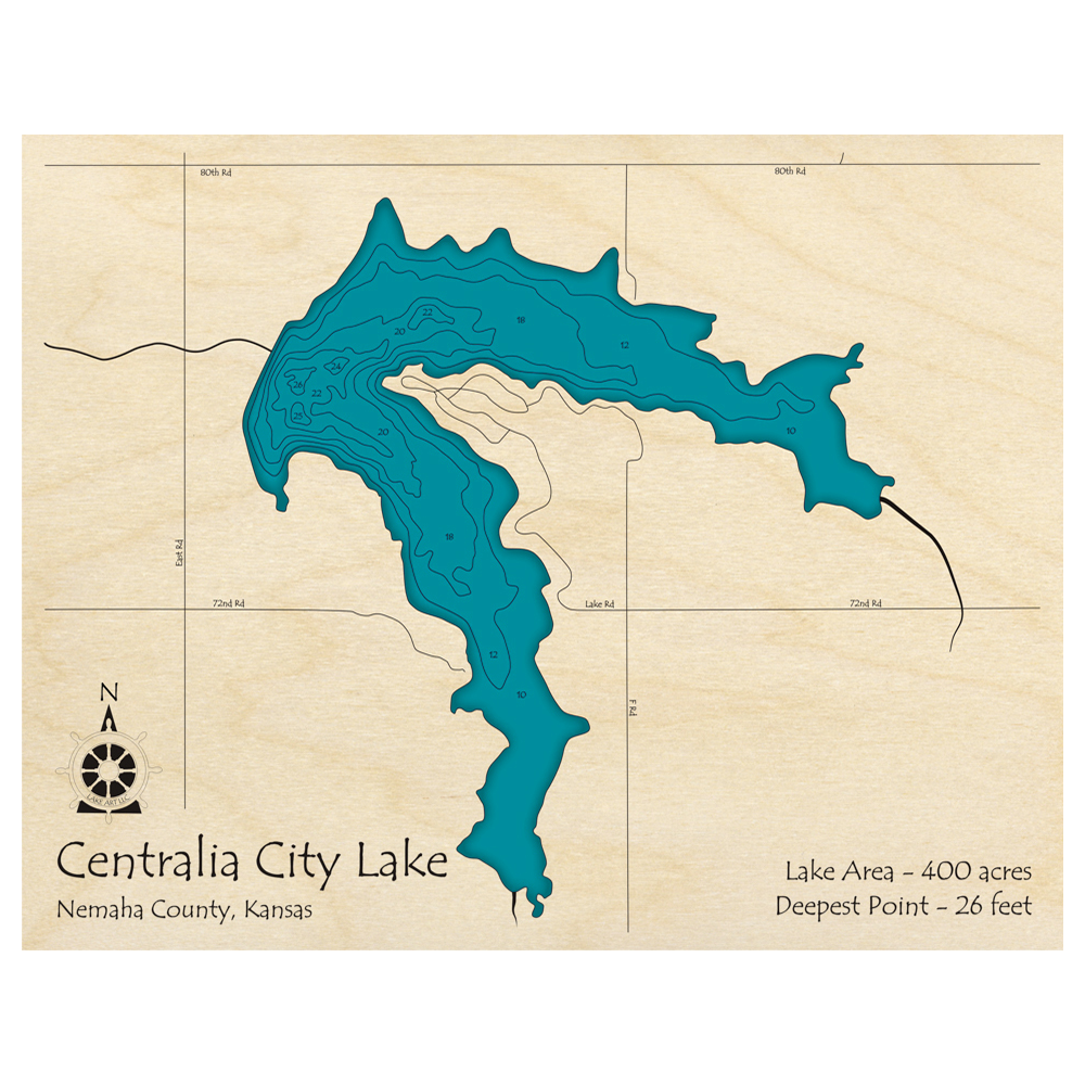 Bathymetric topo map of Centralia City Lake, KS with roads, towns and depths noted in blue water.