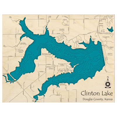 Bathymetric topo map of Clinton Lake, KS with roads, towns and depths noted in blue water.