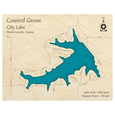 Bathymetric topo map of Council Grove City Lake, KS with roads, towns and depths noted in blue water.