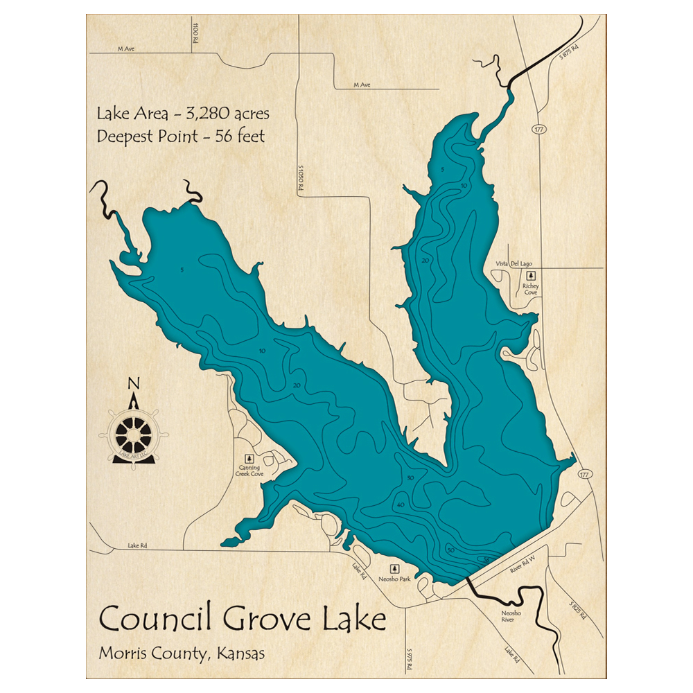Bathymetric topo map of Council Grove Lake, KS with roads, towns and depths noted in blue water.