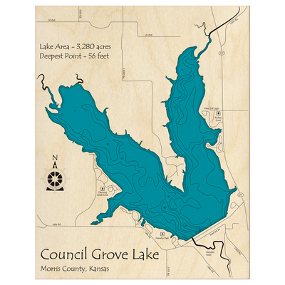 Bathymetric topo map of Council Grove Lake, KS with roads, towns and depths noted in blue water.