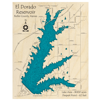 Bathymetric topo map of El Dorado Reservoir, KS with roads, towns and depths noted in blue water.