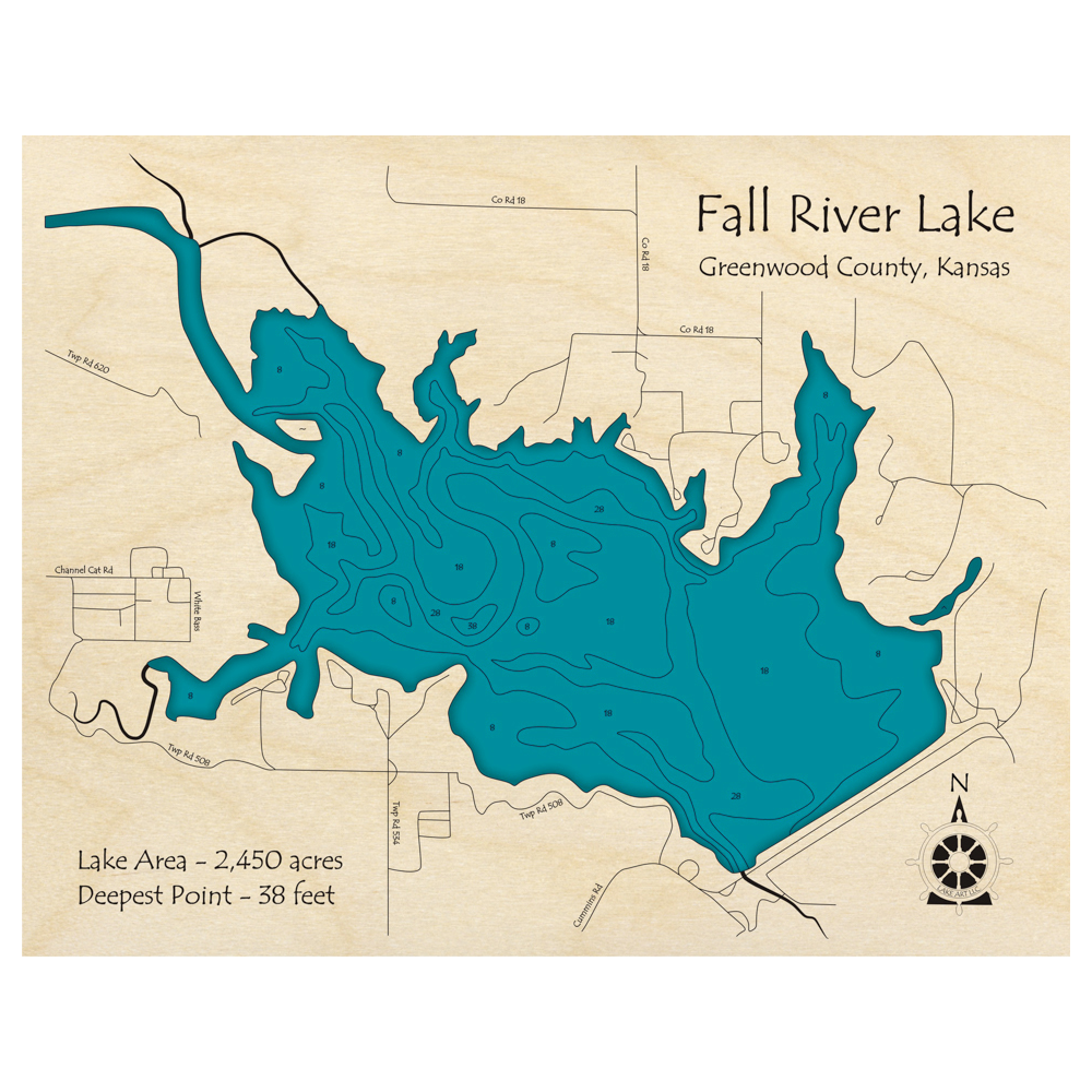 Bathymetric topo map of Fall River Lake, KS with roads, towns and depths noted in blue water.
