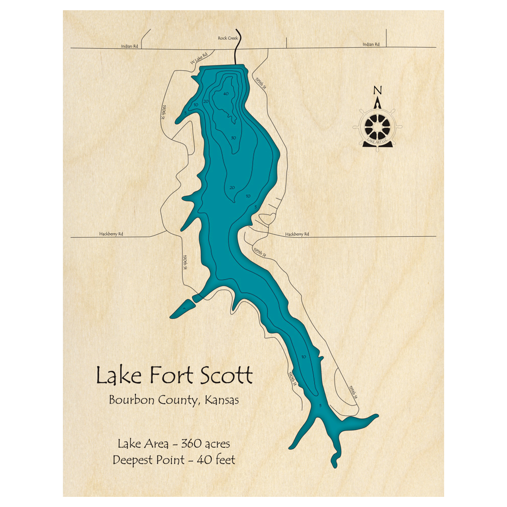 Bathymetric topo map of Lake Fort Scott, KS with roads, towns and depths noted in blue water.