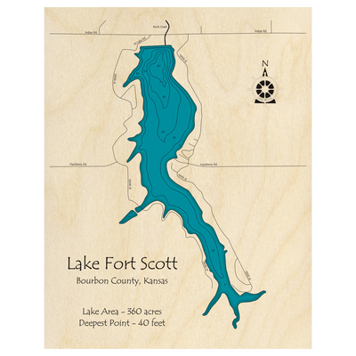 Bathymetric topo map of Lake Fort Scott, KS with roads, towns and depths noted in blue water.