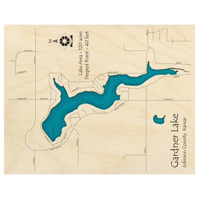 Bathymetric topo map of Gardner Lake, KS with roads, towns and depths noted in blue water.