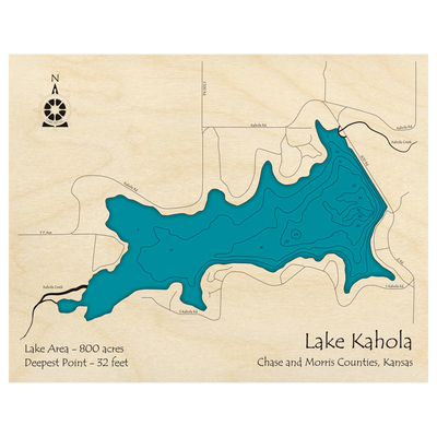 Bathymetric topo map of Lake Kahola, KS with roads, towns and depths noted in blue water.