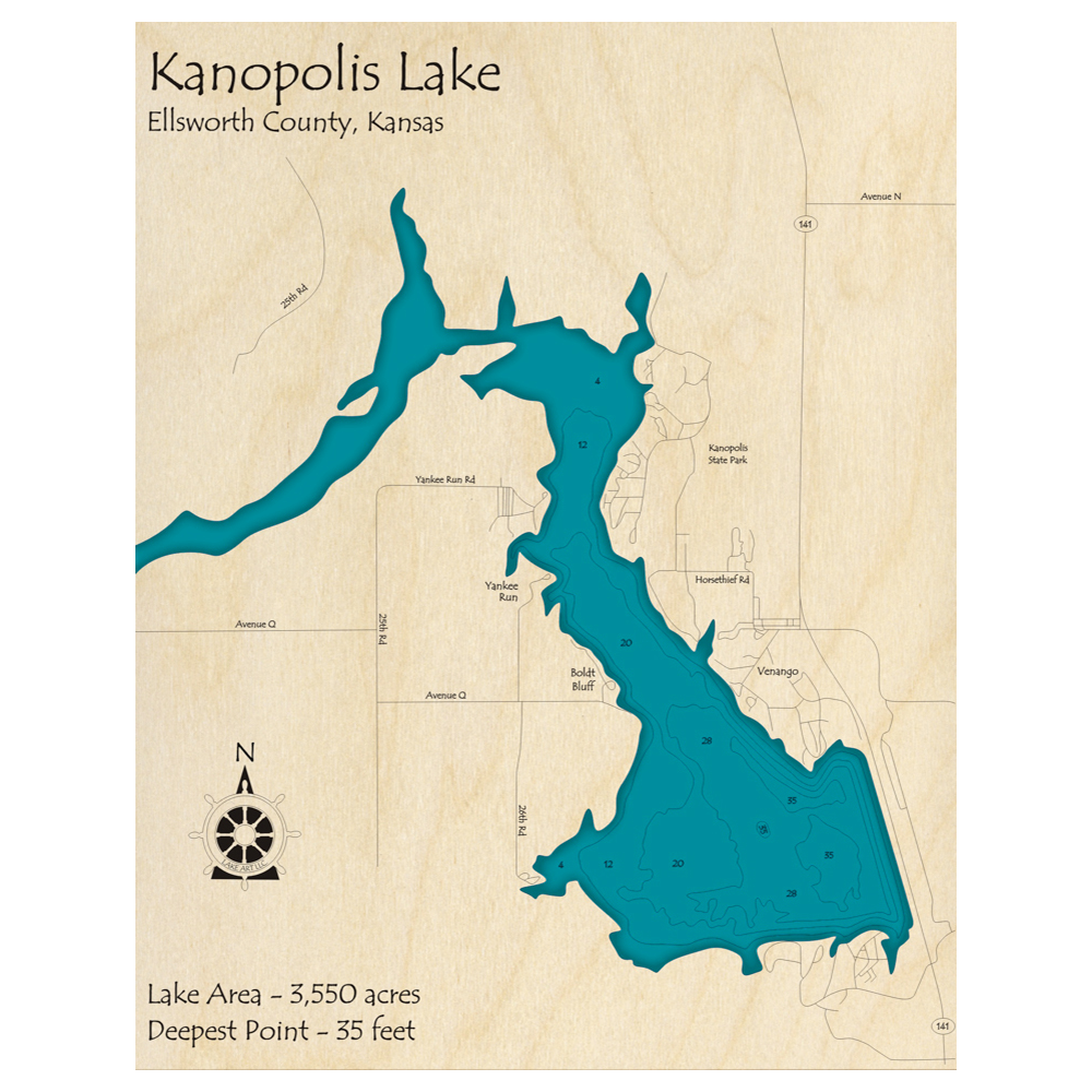 Bathymetric topo map of Kanopolis Lake, KS with roads, towns and depths noted in blue water.