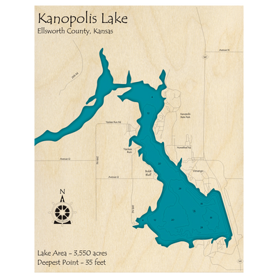 Bathymetric topo map of Kanopolis Lake, KS with roads, towns and depths noted in blue water.