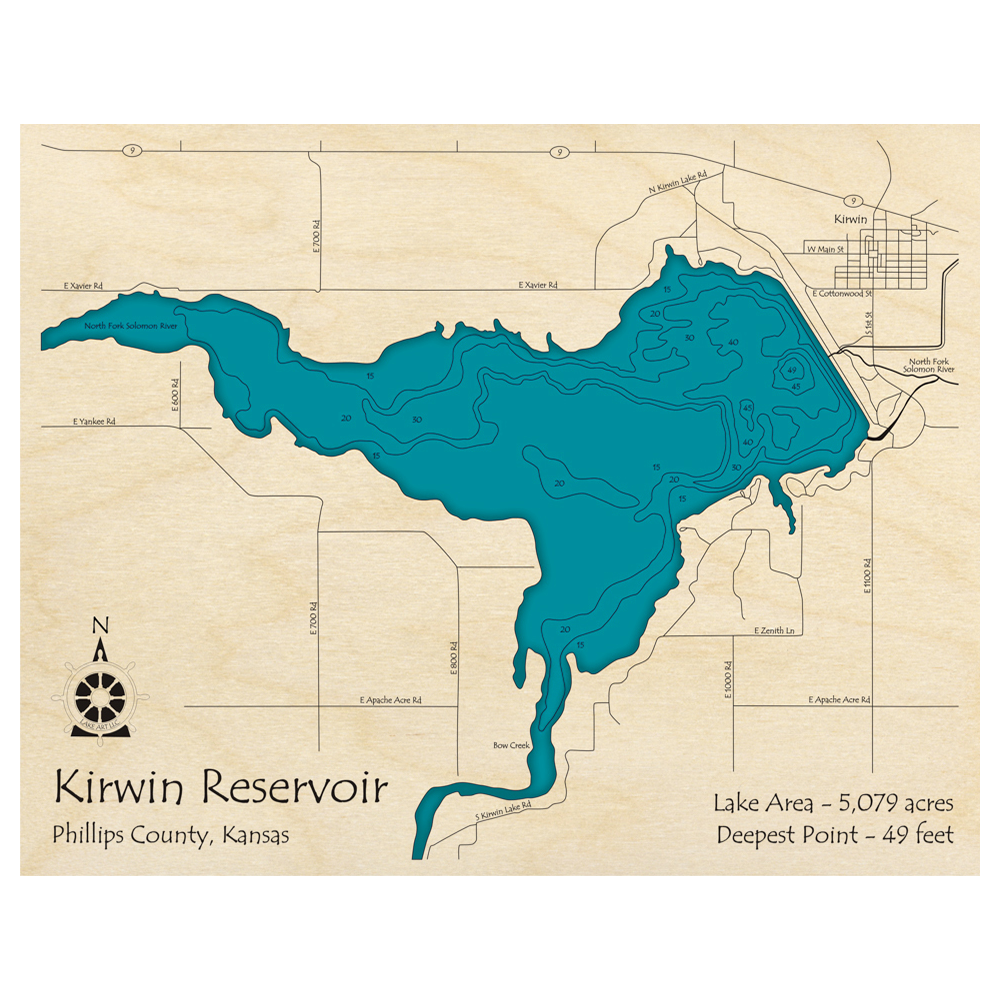 Bathymetric topo map of Kirwin Reservoir, KS with roads, towns and depths noted in blue water.