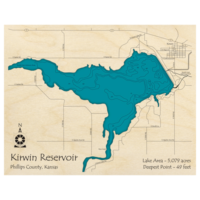 Bathymetric topo map of Kirwin Reservoir, KS with roads, towns and depths noted in blue water.
