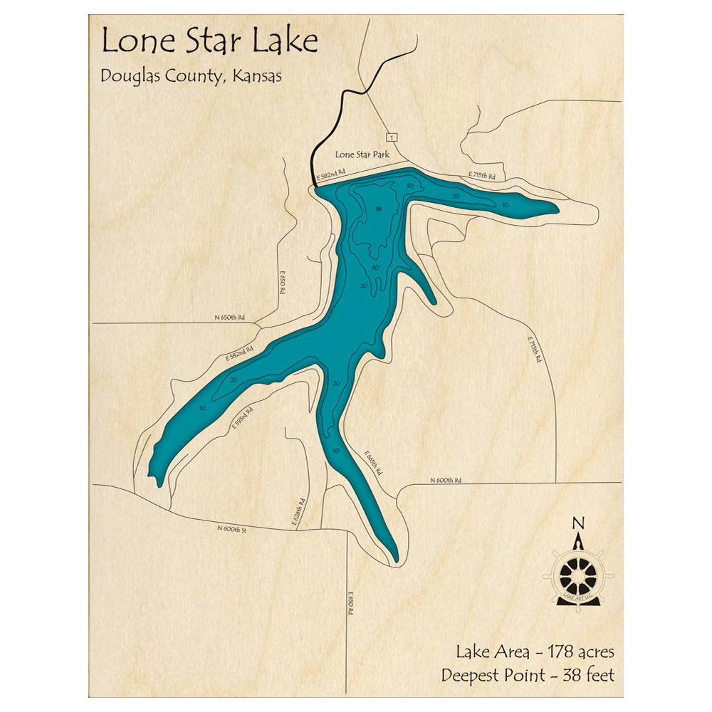 Bathymetric topo map of Lone Star Lake, KS with roads, towns and depths noted in blue water.