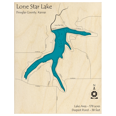 Bathymetric topo map of Lone Star Lake, KS with roads, towns and depths noted in blue water.