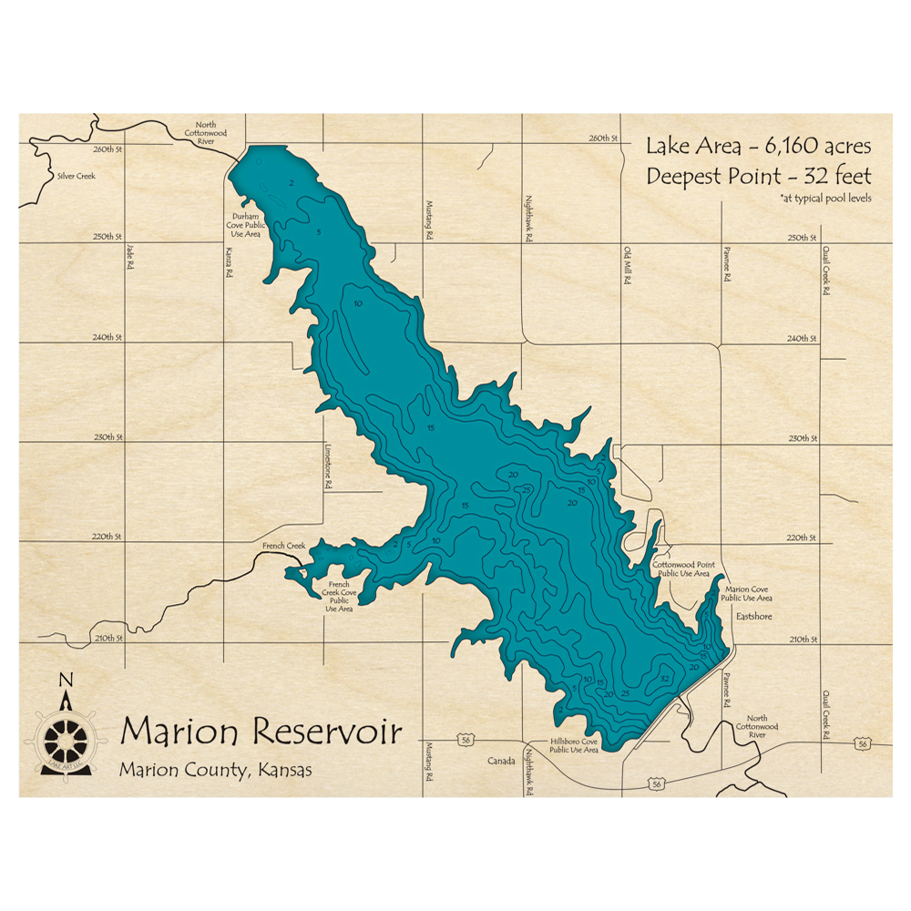 Bathymetric topo map of Marion Reservoir, KS with roads, towns and depths noted in blue water.