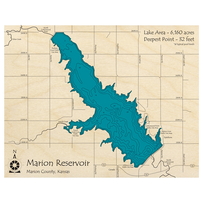 Bathymetric topo map of Marion Reservoir, KS with roads, towns and depths noted in blue water.