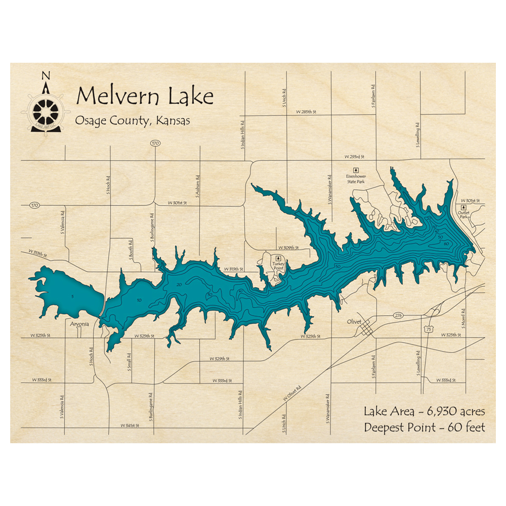 Bathymetric topo map of Melvern Lake, KS with roads, towns and depths noted in blue water.