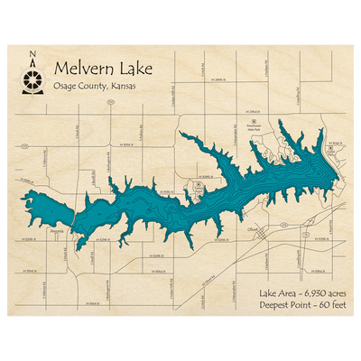 Bathymetric topo map of Melvern Lake, KS with roads, towns and depths noted in blue water.
