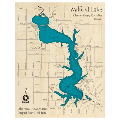 Bathymetric topo map of Milford Lake, KS with roads, towns and depths noted in blue water.