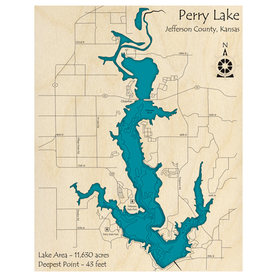 Bathymetric topo map of Perry Lake, KS with roads, towns and depths noted in blue water.