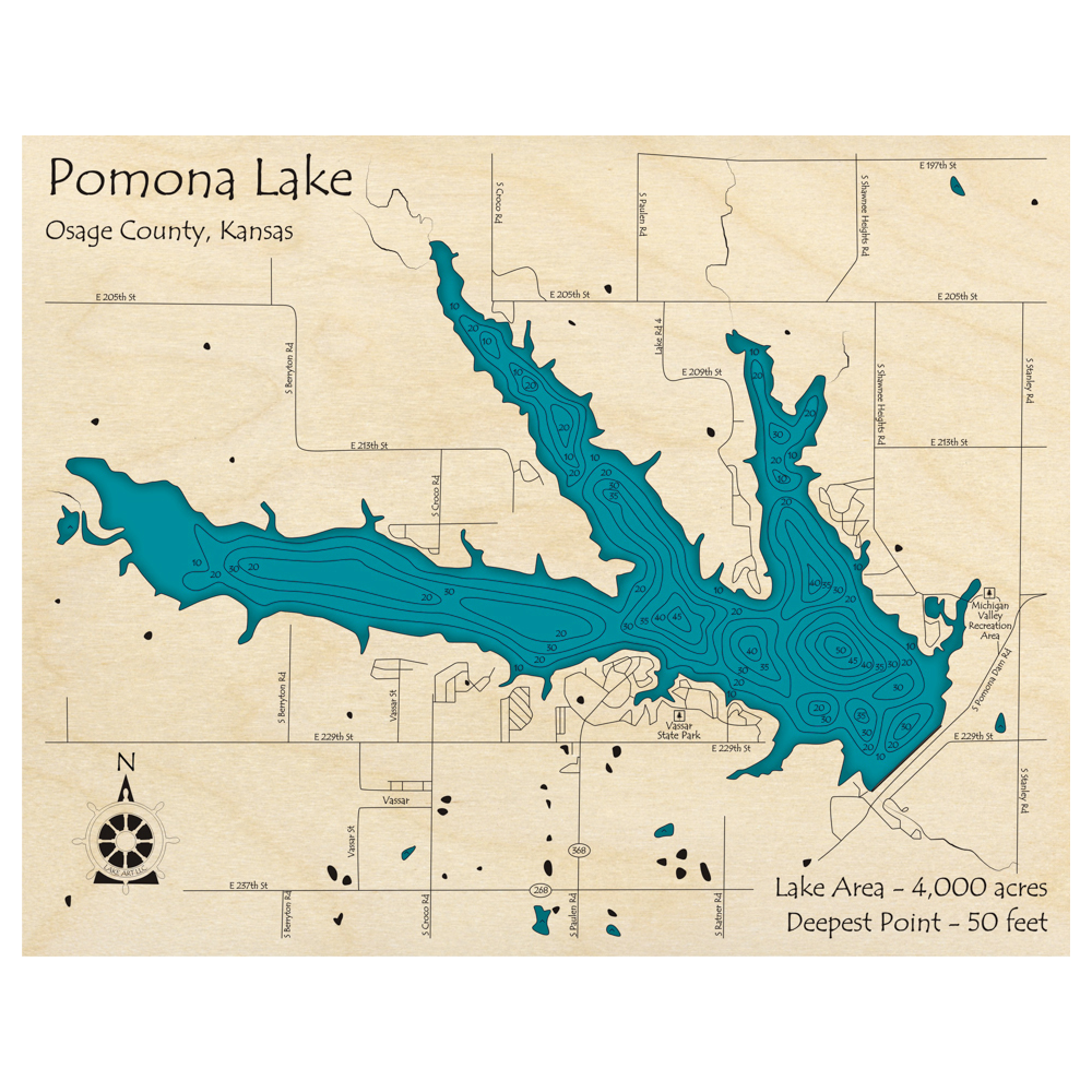 Bathymetric topo map of Pomona Lake, KS with roads, towns and depths noted in blue water.