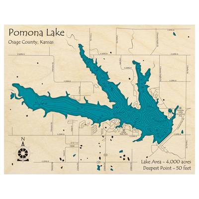 Bathymetric topo map of Pomona Lake, KS with roads, towns and depths noted in blue water.