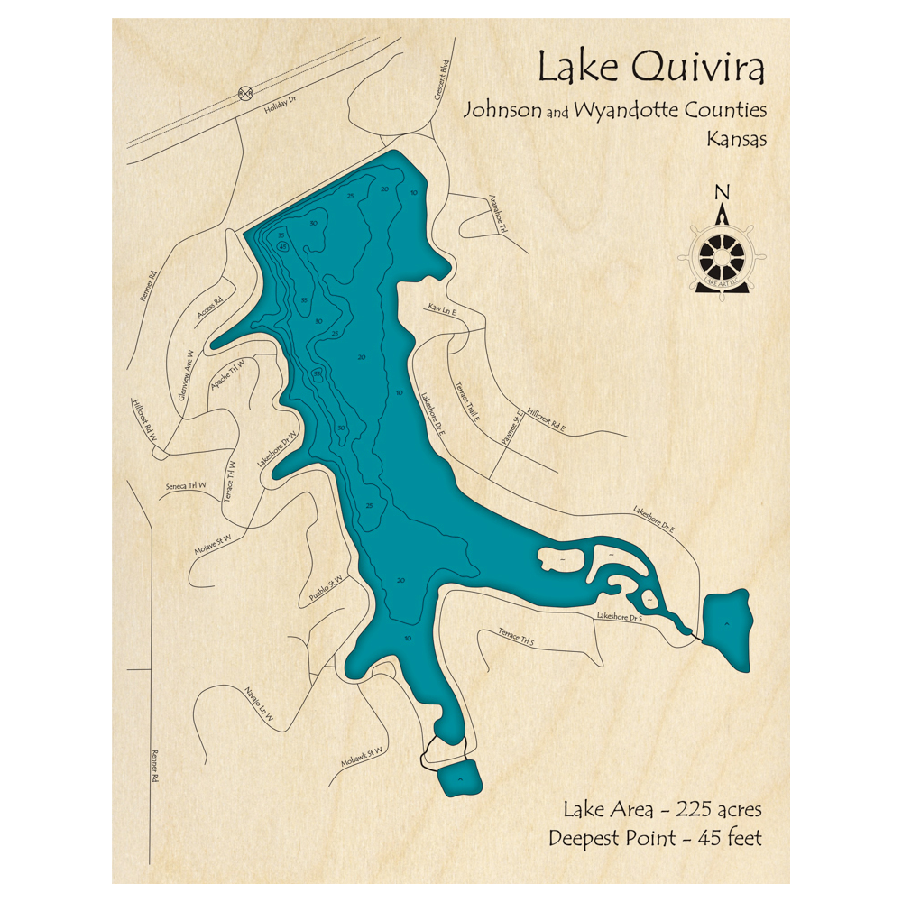 Bathymetric topo map of Lake Quivira, KS with roads, towns and depths noted in blue water.