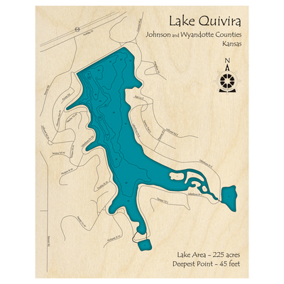 Bathymetric topo map of Lake Quivira, KS with roads, towns and depths noted in blue water.
