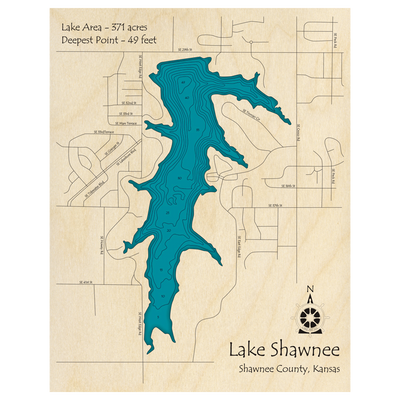 Bathymetric topo map of Lake Shawnee, KS with roads, towns and depths noted in blue water.