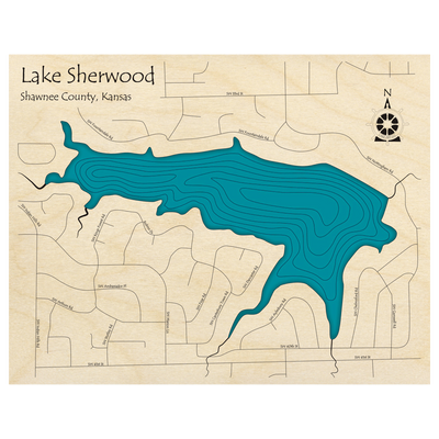 Bathymetric topo map of Lake Sherwood, KS with roads, towns and depths noted in blue water.
