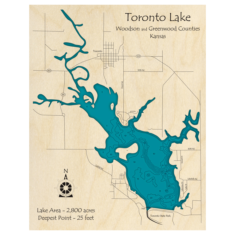 Bathymetric topo map of Toronto Lake, KS with roads, towns and depths noted in blue water.