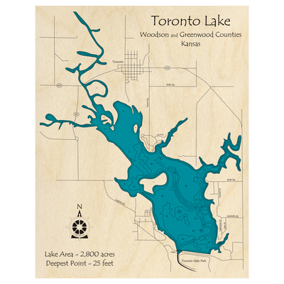 Bathymetric topo map of Toronto Lake, KS with roads, towns and depths noted in blue water.